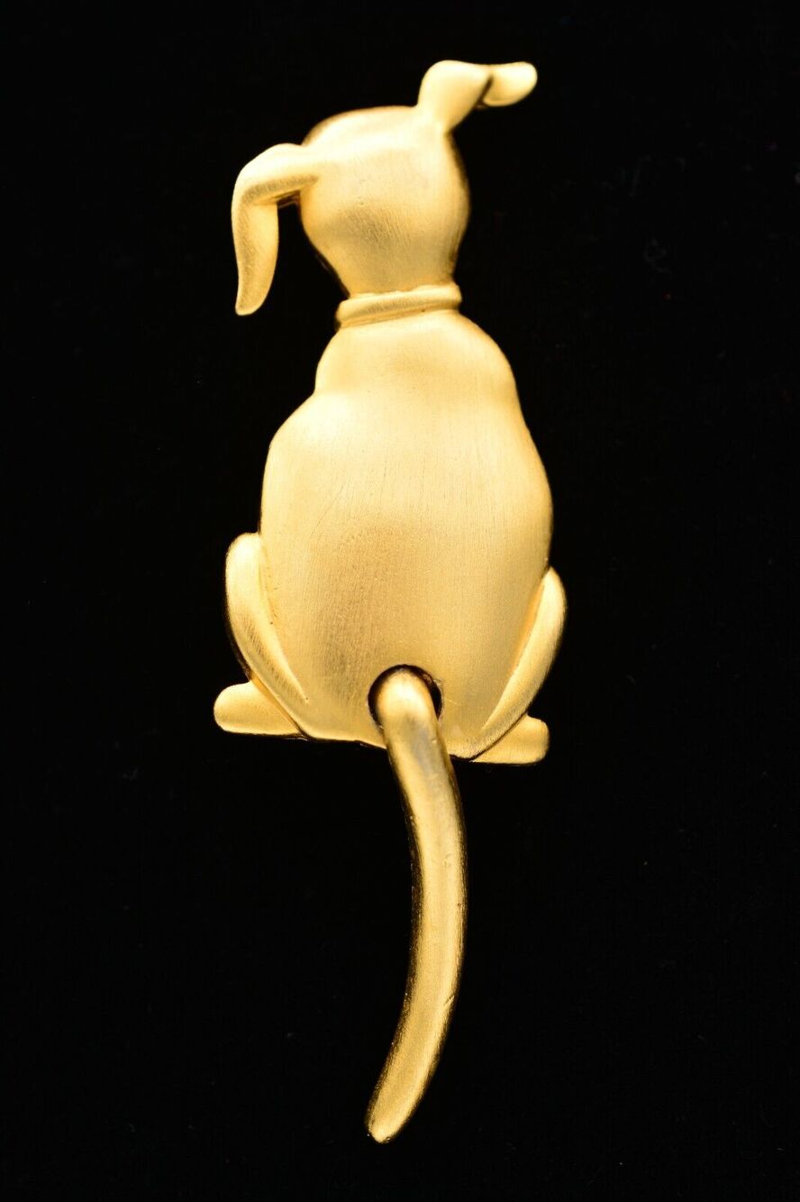 JJ Vintage Dog Pin Brooch Wagging Tail Sitting Brushed Gold Signed 1980s Bin4